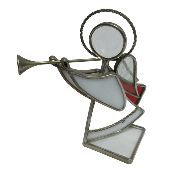 Vintage Stained Glass Two-tone 5" Angel Suncatcher W/ Trumpet White/Red - Picture 1 of 5